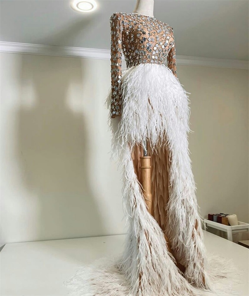 Luxury Hi Lo Evening Dresses Fashion Feather Sequins Crystal Ruched Prom Dresses Long Sleeves Sweep Train Custom Made Formal Party Wear