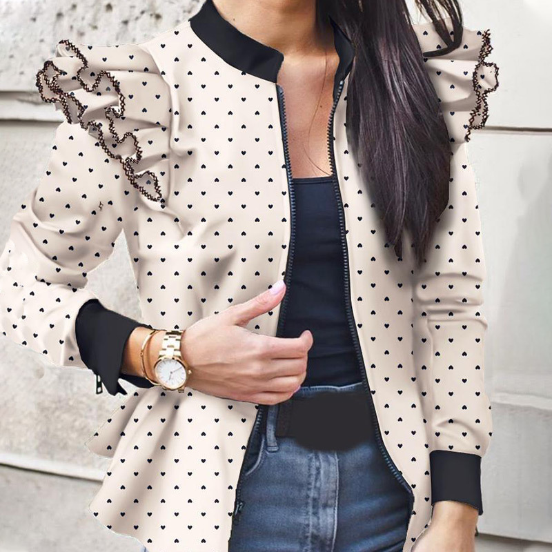 Autumn Camouflage Print Ruffled Jackets Women Slim O-neck Ruffles Elegant Jacket Female Winter Fashion Casual Ladies Coats 201007