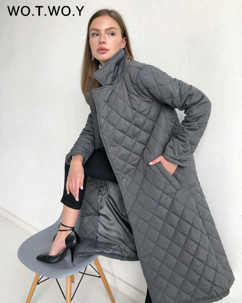 WOTWOY Argyle Belted Long Parkas Women Cotton-Padded Thick Winter Jacket Female Solid Casual Oversized Warm Overcoat with Pocket 201110