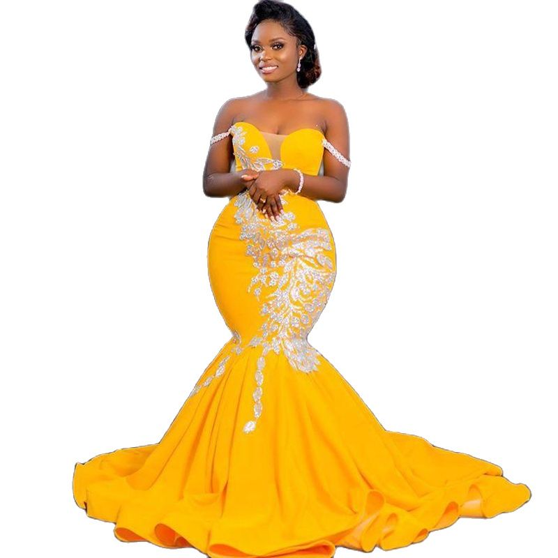 Off Shoulder Women Satin Evening Dresses Gold Mermaid Custom Made Sequined Lace Appliques Prom Gowns Plus Size