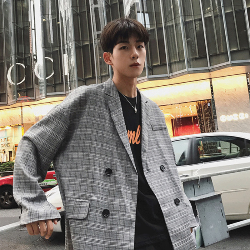 Spring England Style Young Fashion Double Breasted Plaid Blazer Men Oversize Casual Suit 201104