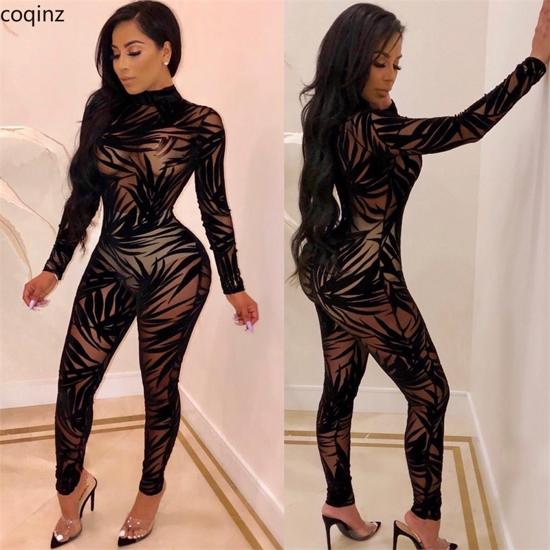 Plus Size Sexy Transparent Jumpsuit Women Bodycon Rompers Womens Overalls Body Streetwear Mesh Bodysuit Mono Mujer SJ3246 T200509