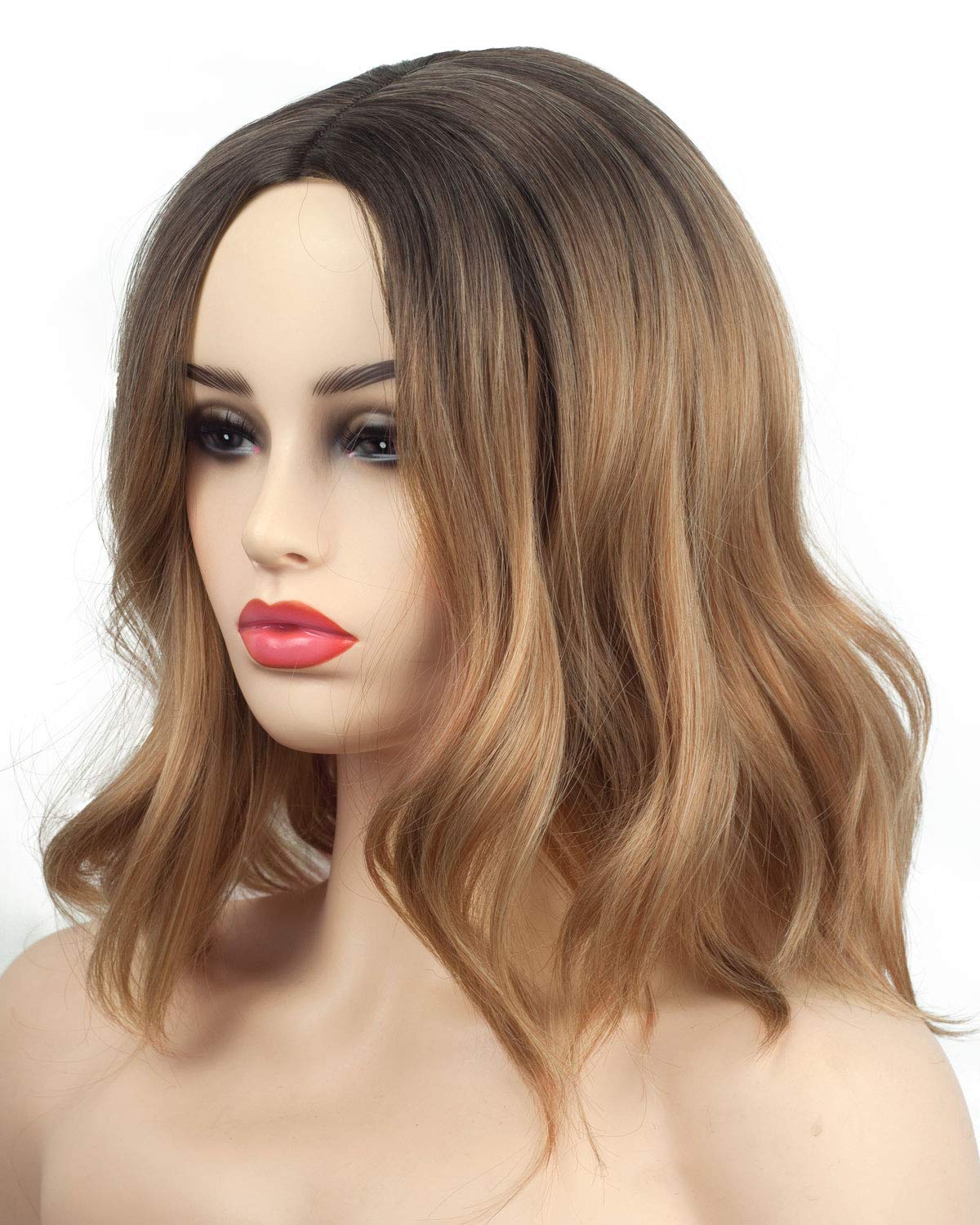 Pretty Charming Dark Brown Short Natural Casual Wavy loose wave Side bangs hair wigs for black women 14 Inches (Dark Brown-643)