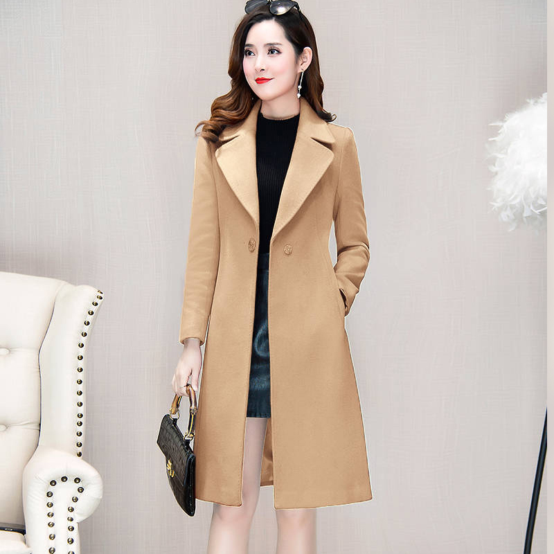 Women Woollen Overcoat Women's Mid Length Over Knee Autumn Winter Waist Suit collar Red Woollen Black Khaki Coat 201103