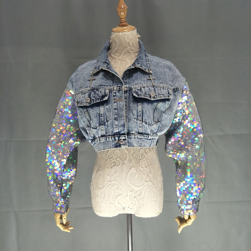 Fashion Denim Jacket Handmade Sequins Women's Jeans Slim Short Jeans Jacket Shimmer Spliced Jeans Coat Casual Girls Outwear 201017