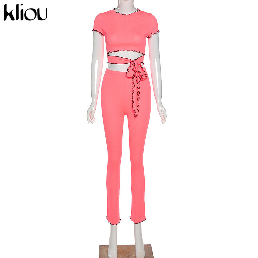 Kliou women Ruffles two pieces set bandage crop top + high waist slim leggings solid outfit skinny Ruffles fitness tracksuit 201104