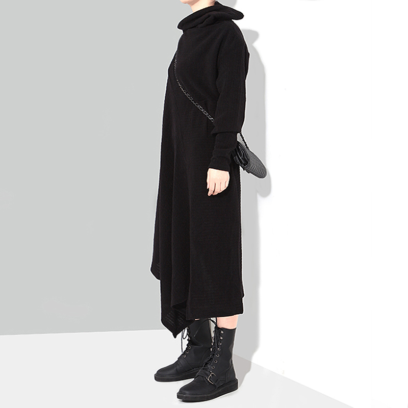Solid Black Woman Autumn Winter Long Asymmetric Knitted Sweater Dress Full Sleeve Plus Size Stretch Ladies Dress Robe Style 1803 201110