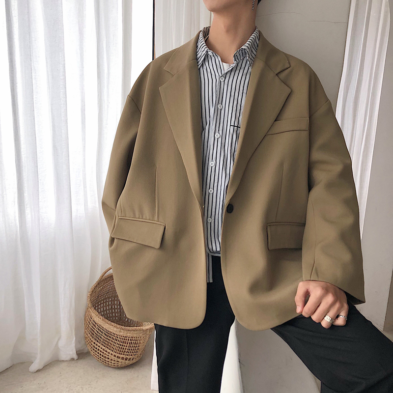 new fashion wild loose solid color men's jacket gray black/size M-XL khaki England Style Turn-down Collar Single Breasted 201127