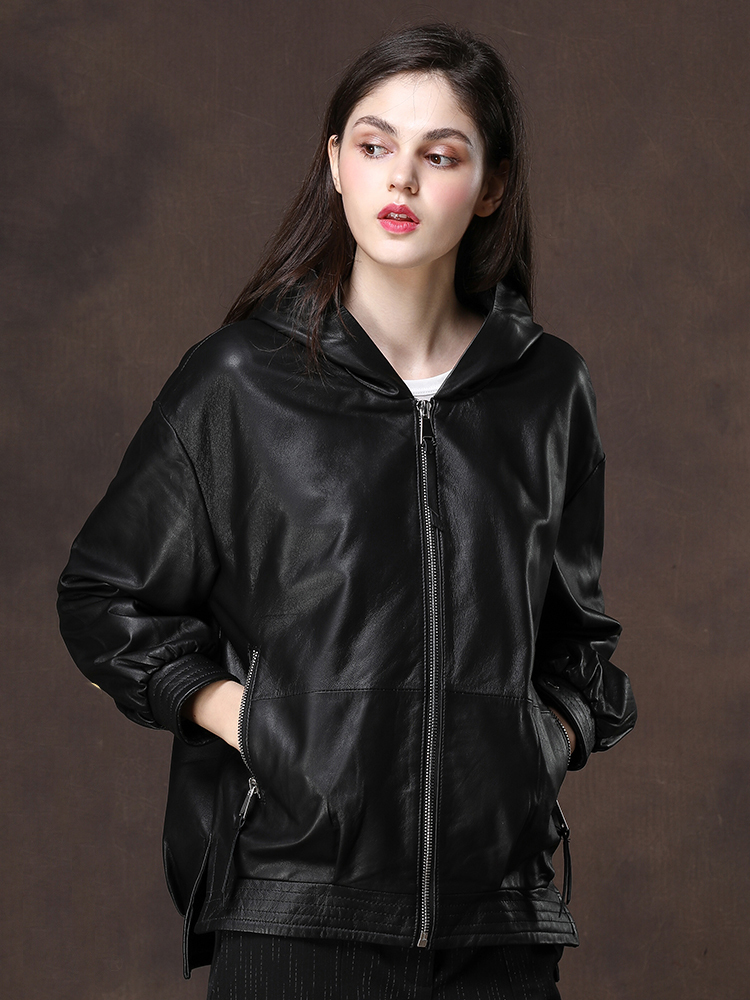 Nerazzurri Black oversized leather jacket women with hood long sleeve drop shoulder zipper plus size spring faux leather coat 201226