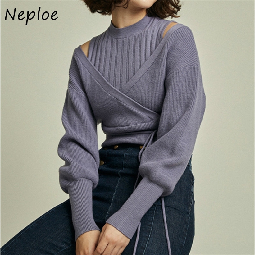 Neploe Turtleneck Drawstring Puff Sleeve Knitted Sweaters Sweet Loose Shoulder Strapless Women Tops Autumn Winter New Pullovers 201224