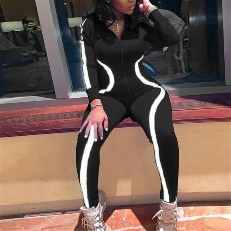 New Fashion Women Clubwear Playsuit Long Sleeve Bodycon Party Jumpsuit Women V-neck Reflective Stripe Clothes Romper Trouser T200509