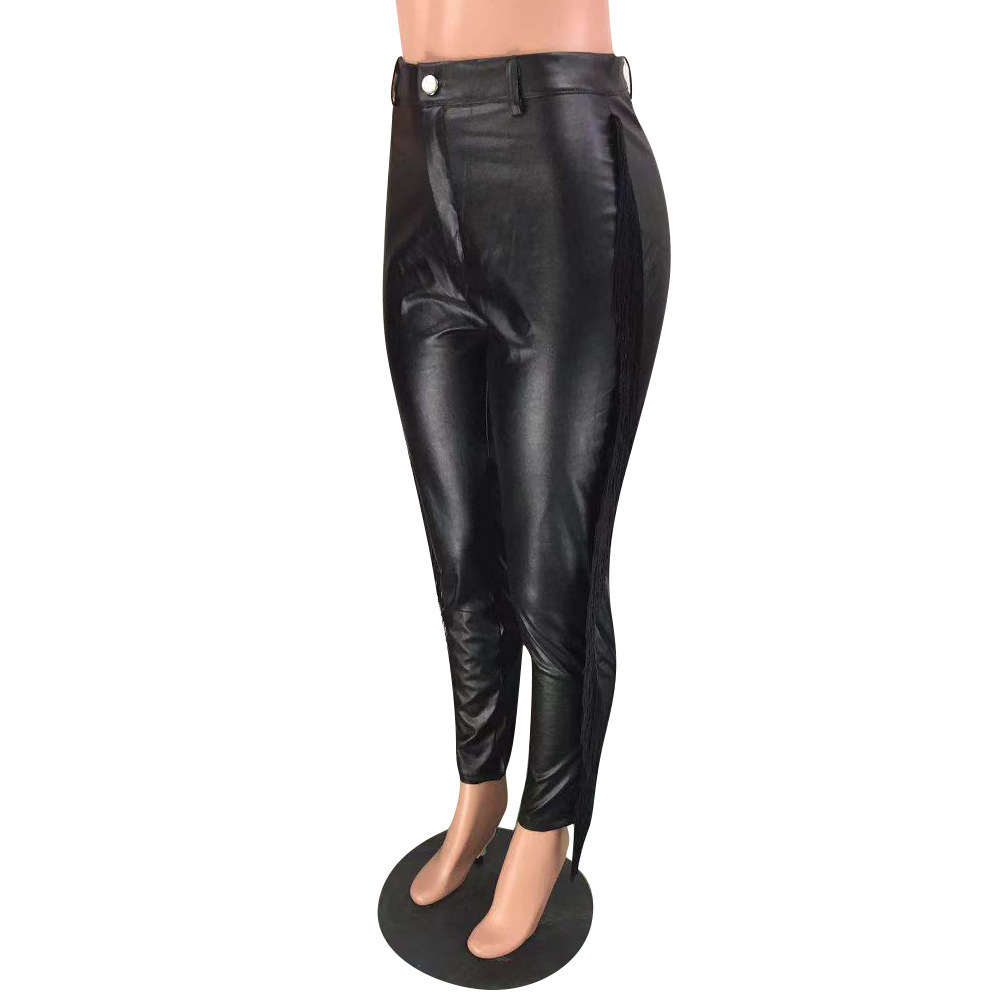 Casual Black Pants Women Slim Tassels High Elastic PU Leather Pencil Pants Autumn and Winter Sexy Trousers Club Wear Streetwear 201109