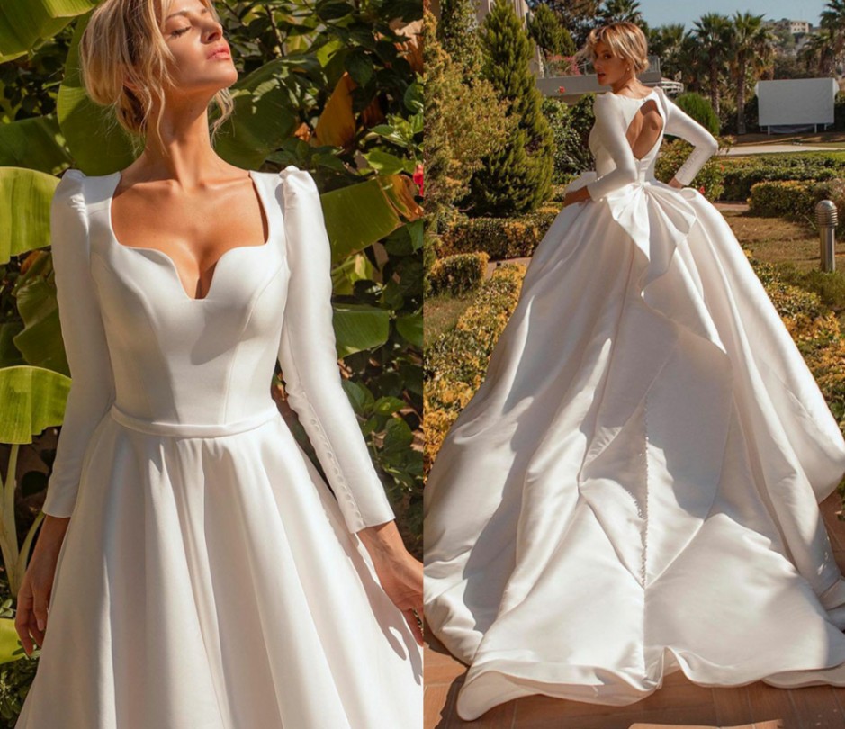 Modern Africa Wedding Dress New 2022 Long Sleeves Satin Princess Bride Dresses Queen Anna Neck Backless Bridal Gowns Vestidos de Noiva Robe Mariage
