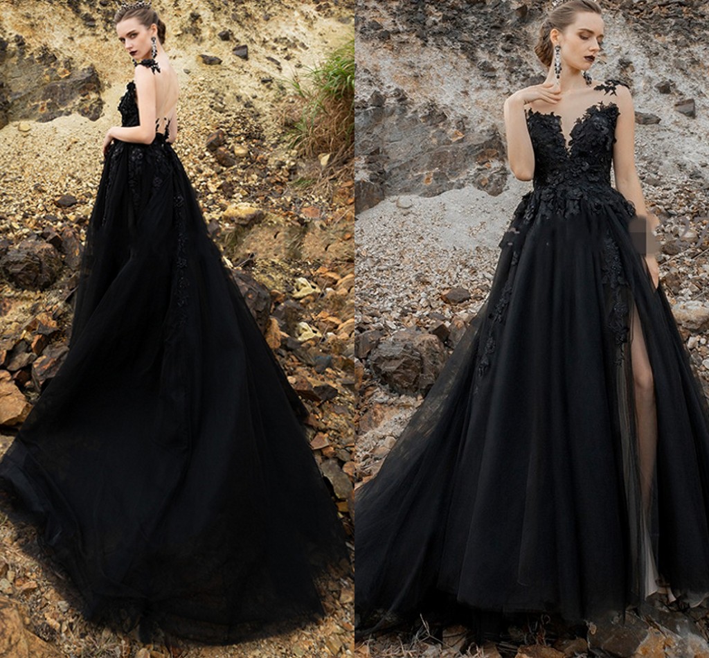 Graceful Black A-Line Wedding Dress 2024 O-Neck Lace Appliques Corset Sleeveless Backless Split Court Train Bride Gowns vestido de noiva curto robe ma