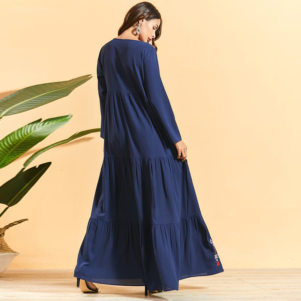 Siskakia Pleated Embroidered Bohemian long dress Fashion Arab Muslim Women's Maxi Robe Dress Long Sleeve Swing Ethnic Clothing T200601