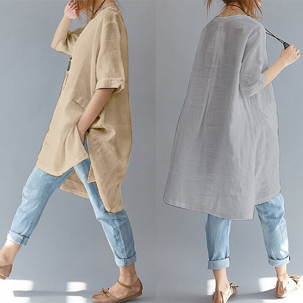 Vintage Round Neck Cotton Linen Blouse Women Plus Size Loose Short Sleeve Long Blouses Top Female Irregular Hem Shirt Blouse 5xl Y200930