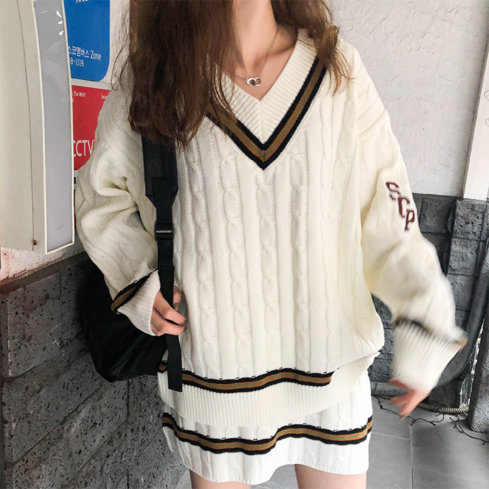3 colors sweater skirt women set preppy style v neck sweaters and pullovers Aline mini Skirt Womens two pcs set x914 T200325
