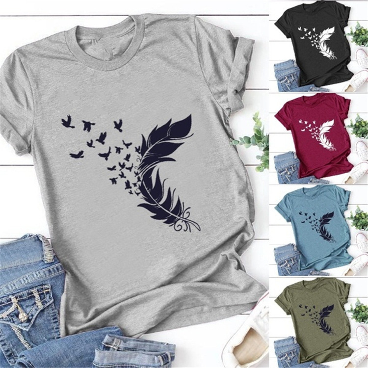2020 Women casual Harajuku fashion t-shirt feather print loose o-neck short sleeve elastic stretched summer home new Tee Shirt