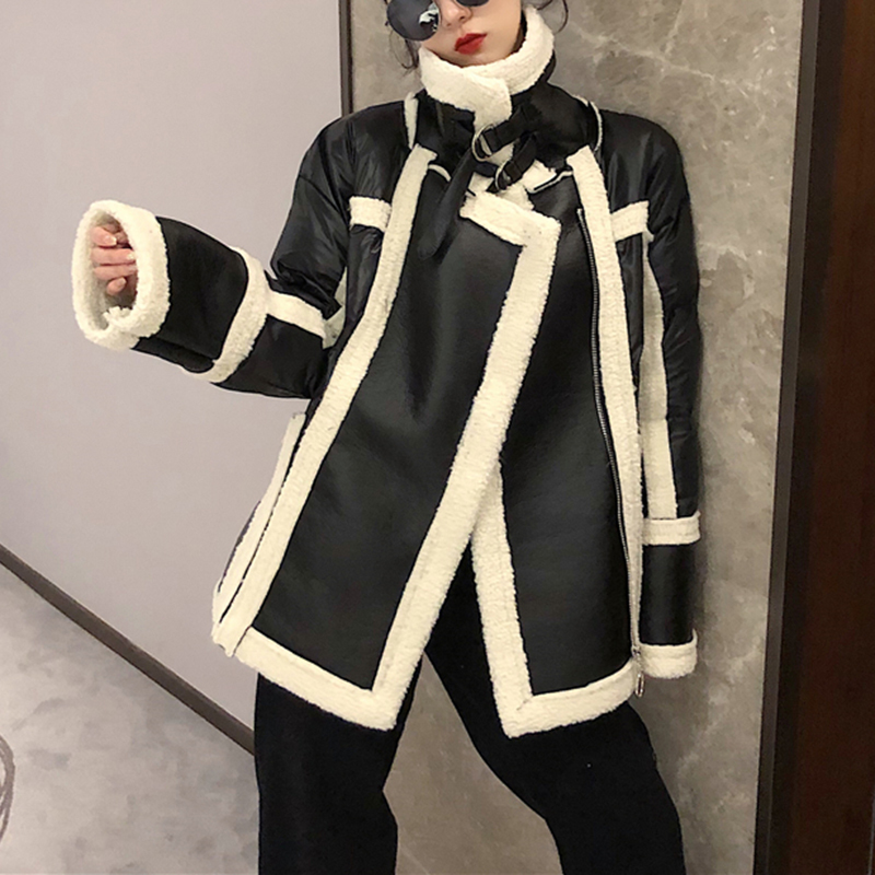PERHAPS U Women Black Pink Silver Cotton Glossy Patchwork Lambswool Teddy Coat Turn Down Collar Zipper Pocket Coat Winter C0423 201019