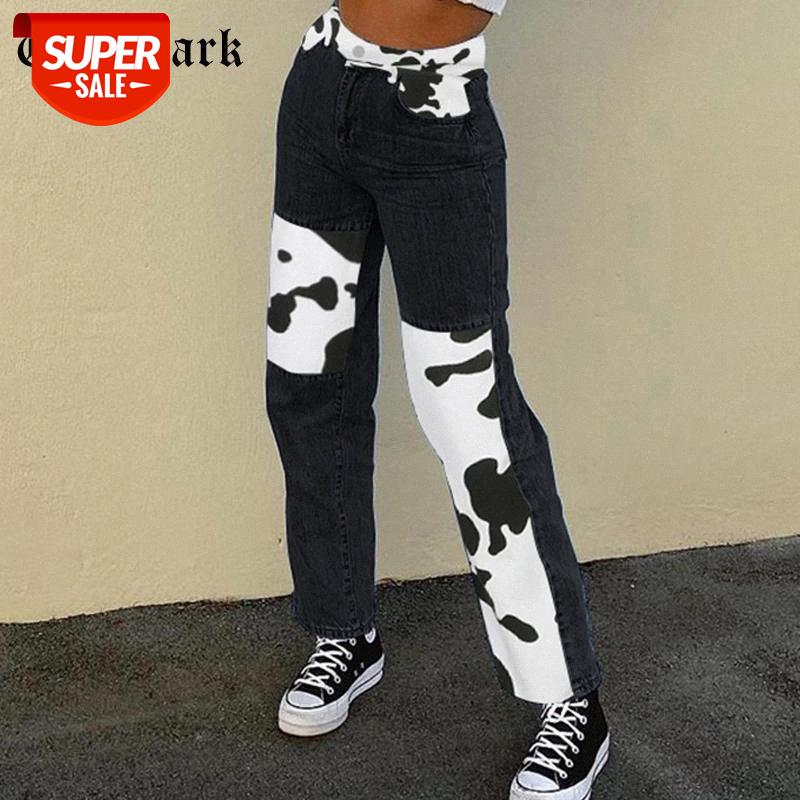Goth Dark Cow Printing Gothic Jeans Wide Leg E-Girl Style Blue High Waist Pants Women Hip Hop Black Streetwear Trousers Autumn #3H5i, Black;white