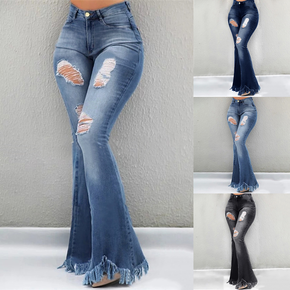 Women Flare Jeans High Waist Fringe Denim Skinny Pants Woman Stretch Jeans Female Wide Leg Jeans Bell Bottoms Clothes 201109