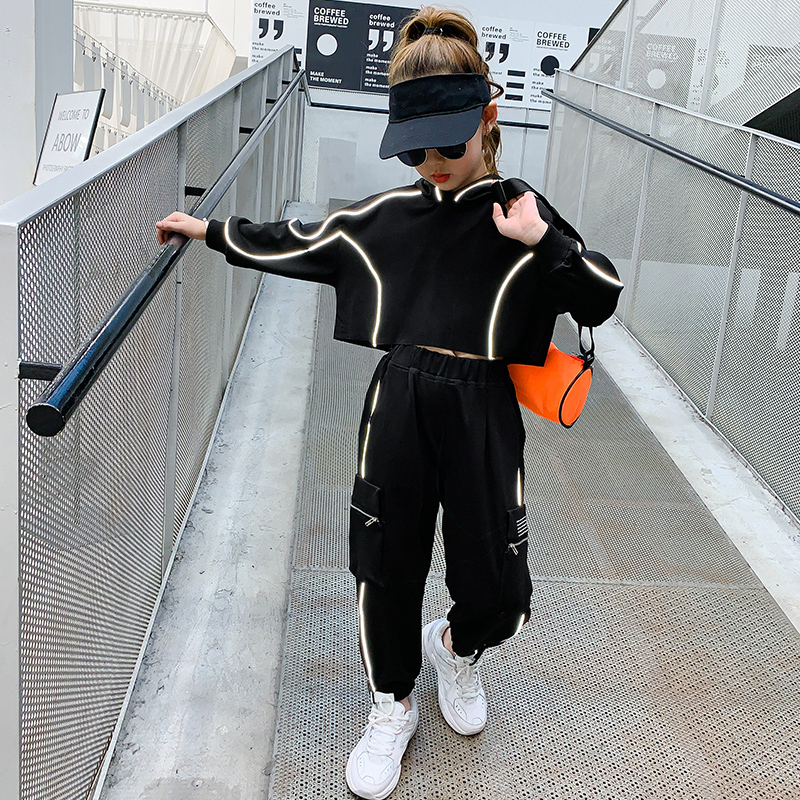 Kids Girls Sets Black hoodie Sweatshirts Reflective strip Sweatpant 2pcs Suits Harem Pants Sports Outfits Hip hop Tracksuit 2020X1019