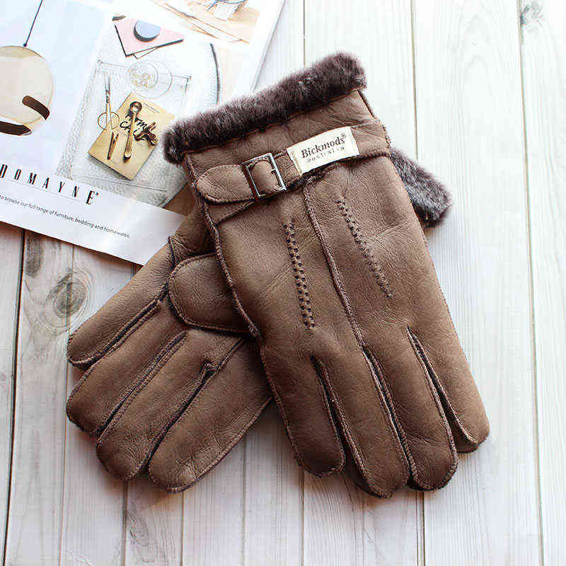 Sheepskin Fur Gloves Men's Thick Winter Warm Large Size Outdoor Windproof Cold Hand Stitching Sewn Leather Finger Gloves 211224
