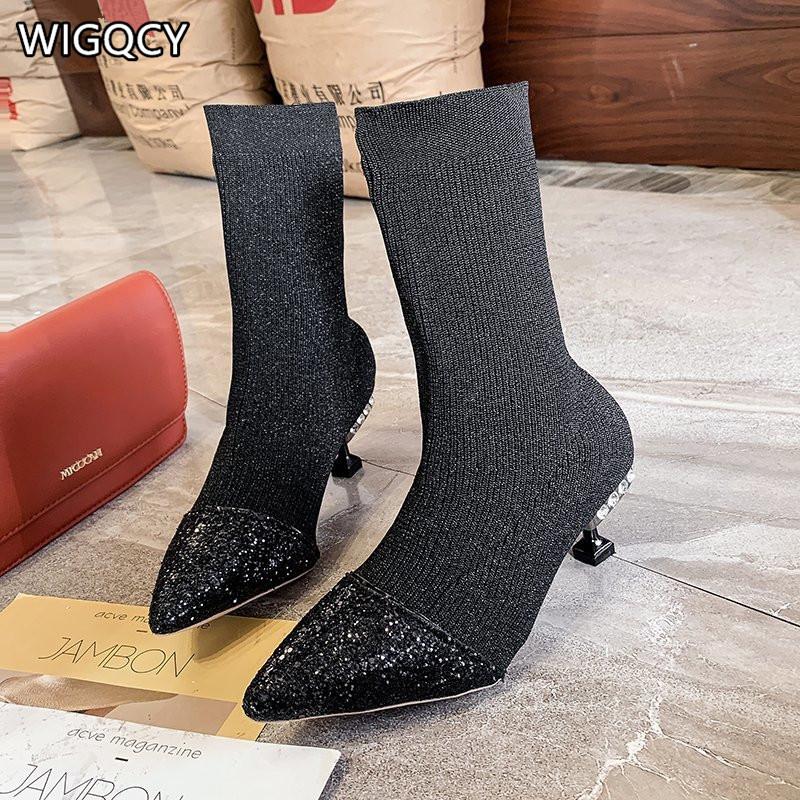 2020 autumn and winter new women's knitted stretch boots pointed toe women's sequined mid-tube boots fashion short, Gray
2020 autumn and winter new women's knitted stretch boots pointed toe women's sequined mid-tube boots fashion short, Gray