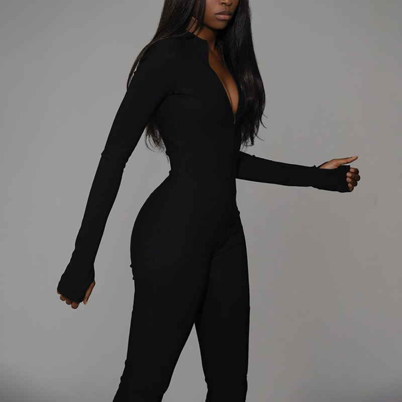 Woman Black white Sexy Bodycon Jumpsuit Female 2020 Tracksuit New Fitness Romper Long Sleeve Zipper Elastic Bodysuit Body Mujer T200303