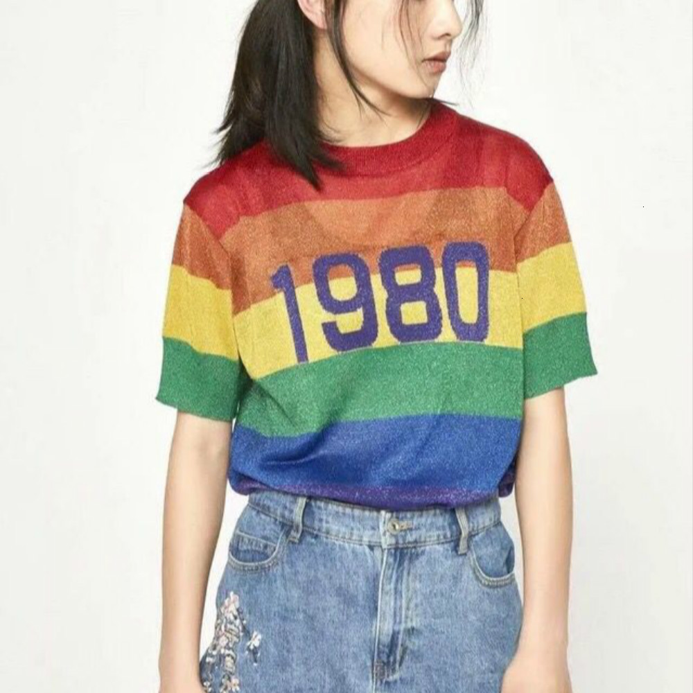 Runway 2020 Summer Women's Knitted Tops Short Sleeves Thin Rainbow Striped 1980 Printed Sweaters Female Jumper Sweater Pullover 
Runway 2020 Summer Women's Knitted Tops Short Sleeves Thin Rainbow Striped 1980 Printed Sweaters Female Jumper Sweater Pullover