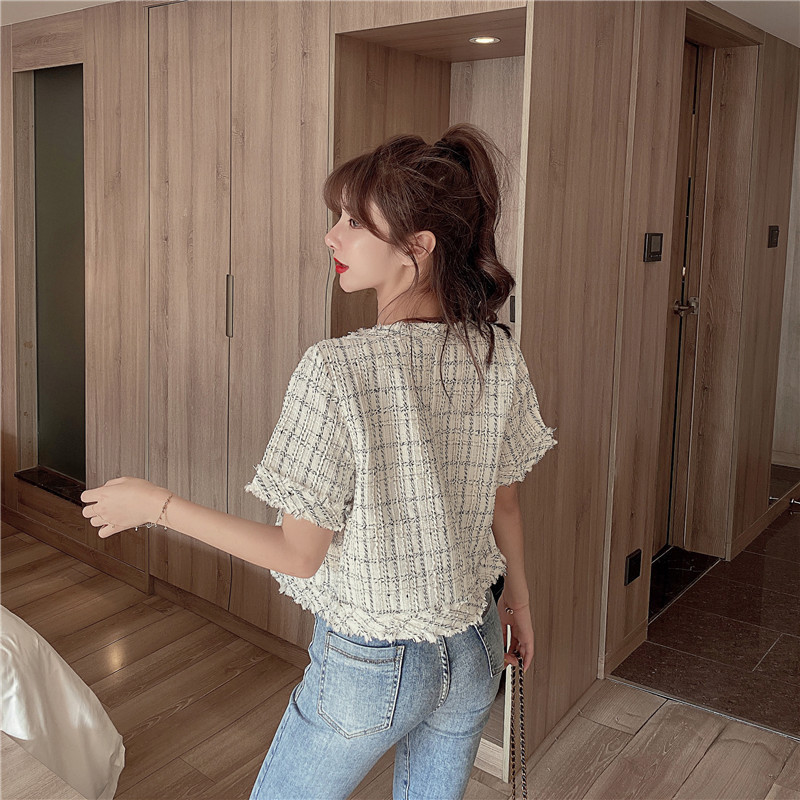 Summer clothes Thin Tweed Jackets Women Summer Short Sleeve Cropped Jacket Streetwear Fashion Wide-waisted Single Breasted 201026