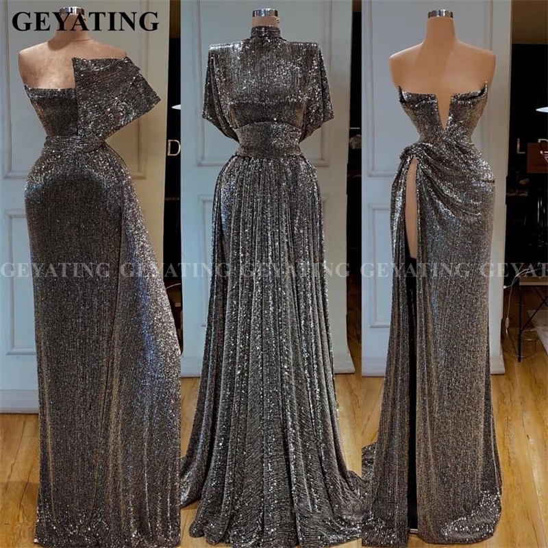 Dubai Gray Sequin One Shoulder Mermaid Evening Dress Long Sleeve High Slit African Prom Dresses High Neck Arabic Formal Gowns T200604