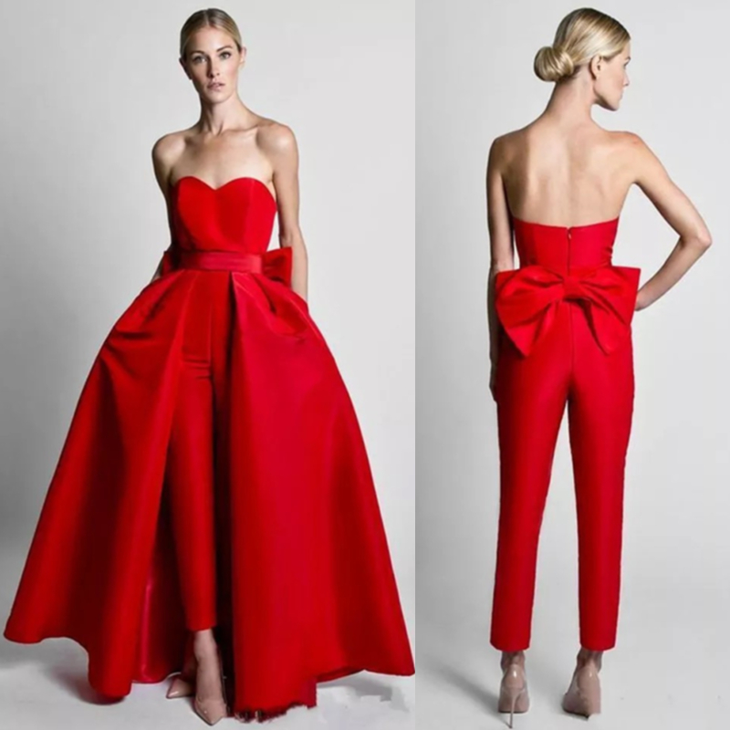 ELegant Red Jumpsuit Evening Dresses With Detachable Skirt 2022 Sweetheart Formal Pants Suit Prom Party Gown With Bow Sleeveless Jumpsuits Special Occ