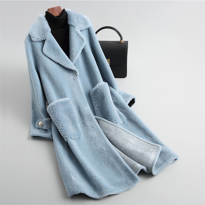 New Women Winter Real Overcoat Shearing Lady Casual Warm natural Sheep Lamb Wool Fur Coat long big size F1133 201208
