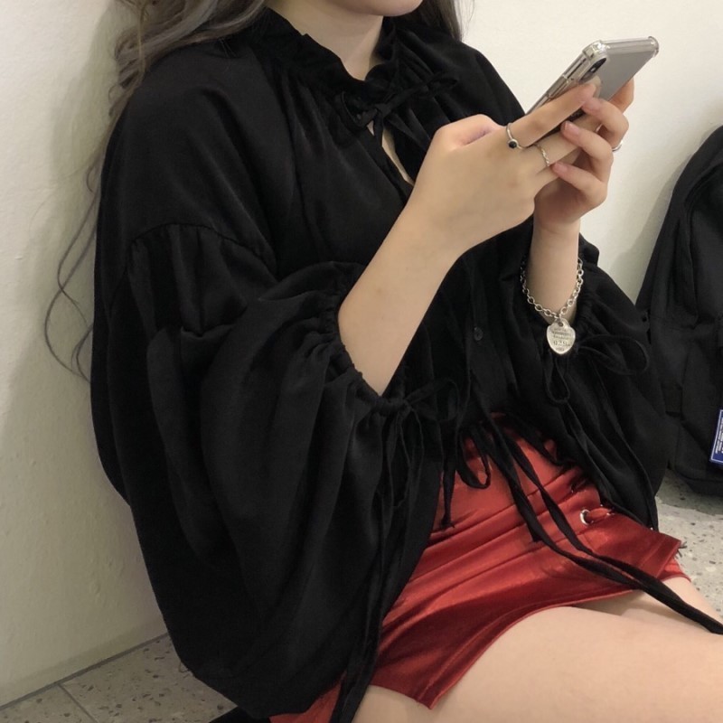 Harajuku korean Japanese style kawaii cute white lace up long sleeve shirts and lace up mini skirts women sets YQ1016 T200325