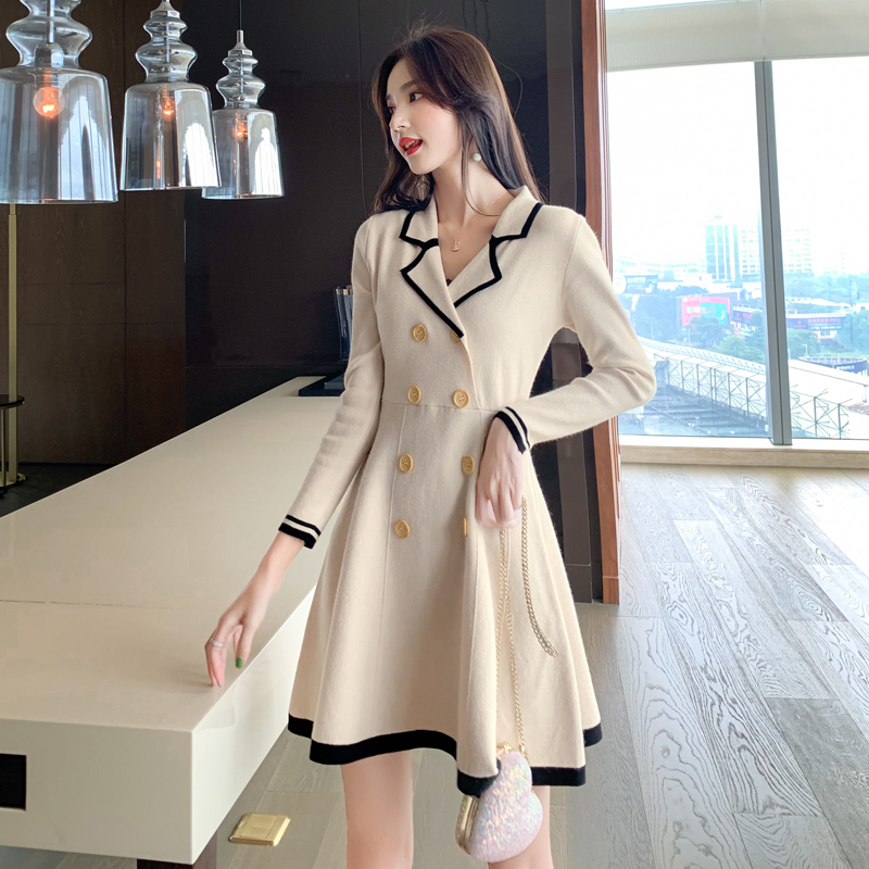 Autumn Winter Sweater Dress Women Double-breasted A-Line Knitting Dress Thick Warm Office Ladies Dress Plus Size Vestido 201110