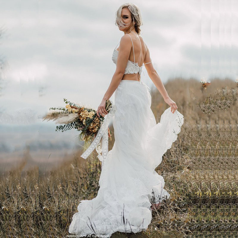 Sexy Two Piece Boho Wedding Dresses Spaghetti Straps Country Lace Tulle Bridal Gowns Romantic Puffy Bohemian Beach Wedding Dress Plus Size