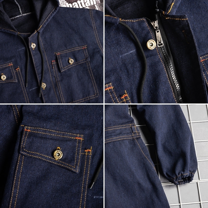 Male Hooded Jacket and Pants Long Sleeve Denim Overalls Mens Cargo Jeans Jump Suits Men Retro One Piece Denim Jumpsuit 201111