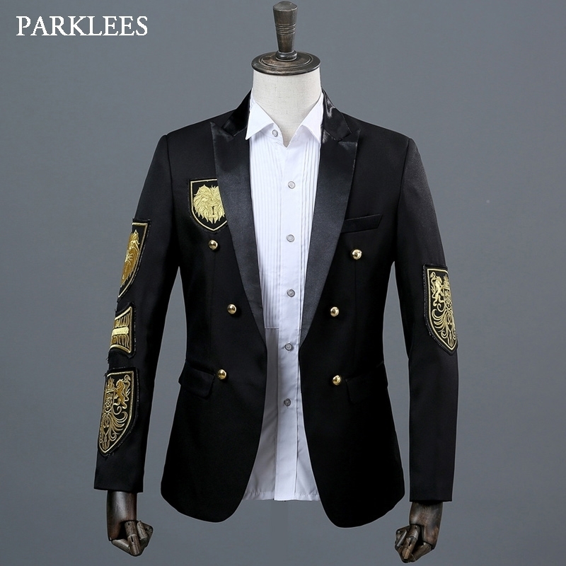 Gold Medal Embroidery Blazer Jacket Men Casual Lapel Double Breasted Mens Black Suit Stage Prom Show Singer Military Dress Homme 201014
Gold Medal Embroidery Blazer Jacket Men Casual Lapel Double Breasted Mens Black Suit Stage Prom Show Singer Military Dress Homme 201014