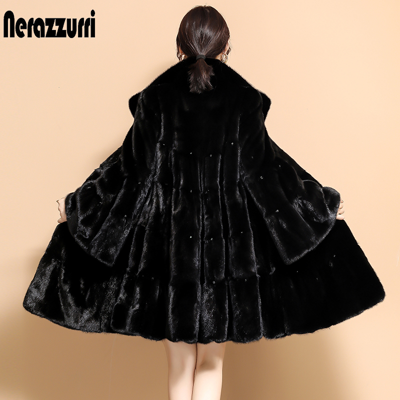 Nerazzurri Winter black pleated faux fur coat long flare sleeve stand collar Skirted soft plus size fluffy faux fur jacket women 201110