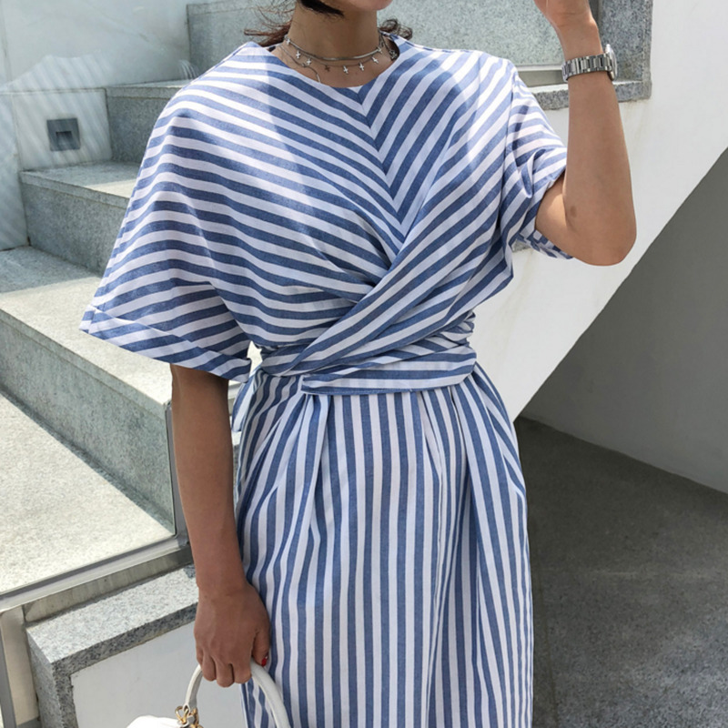 Korean Women Summer Cotton Blue Striped Bandage Split Long Dress Female Long Bodycon Plus Size Vestido Robe Femme Ete Sukienki T200416