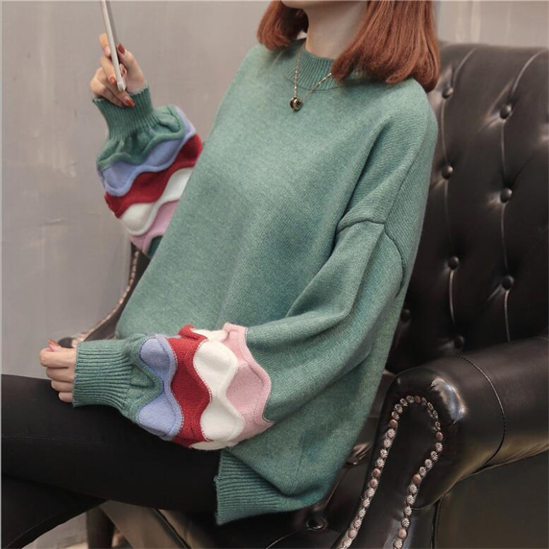 autumn and winter loose round neck color wide-sleeved sweater hem hole lazy wind pullover sweater women 201223