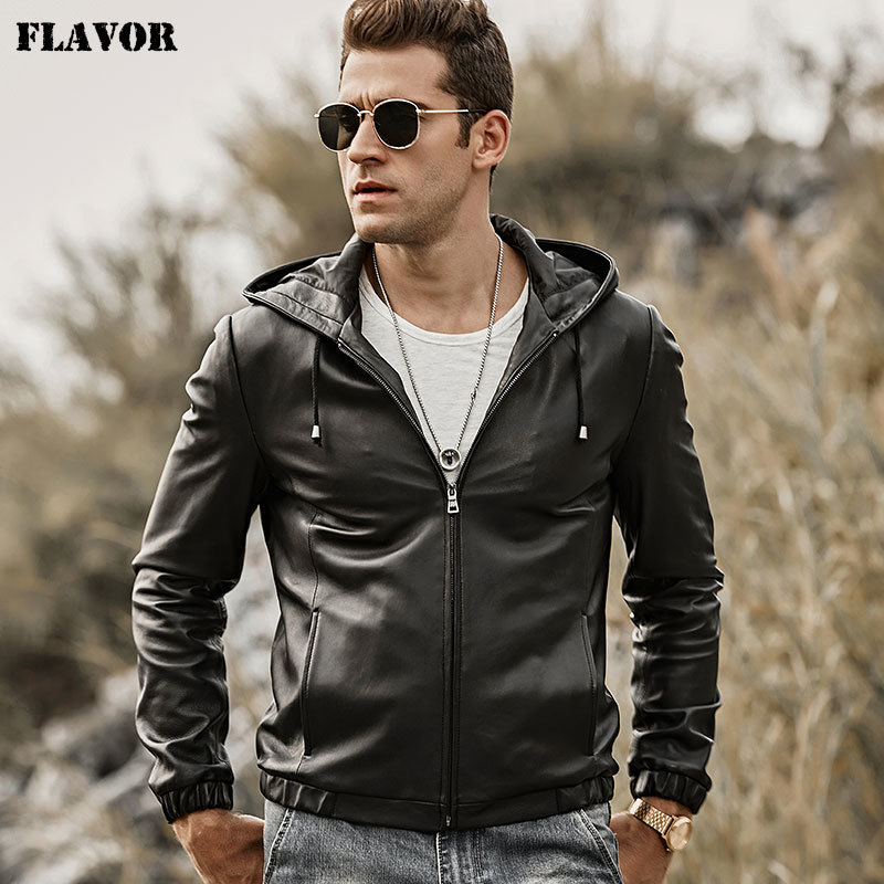 FLAVOR Men's Real Leather Jacket Hoodie Lambskin Genuine Nappa Leather Coat with Hood 201128