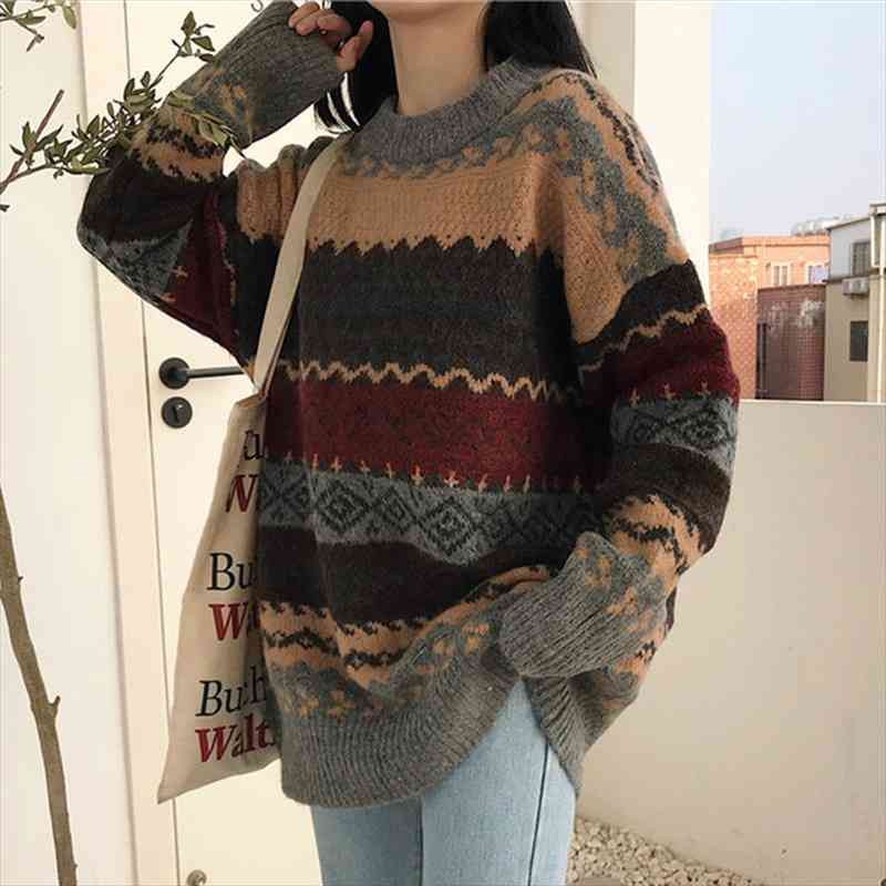 Striped Patchwork Jumpers Ladies Loose Knit Pattern For Thick Wool Long Sleeve Sweater Autumn Winter Casual Lady Sweaters, White;black
Striped Patchwork Jumpers Ladies Loose Knit Pattern For Thick Wool Long Sleeve Sweater Autumn Winter Casual Lady Sweaters, White;black