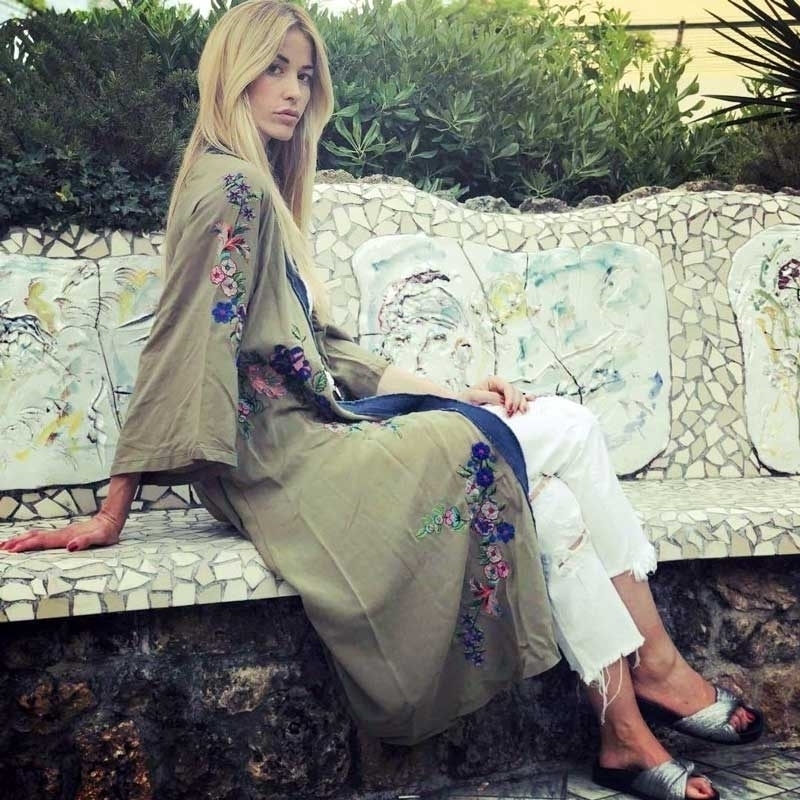 Embroidered Kimono Kaftan Open Front Tie Waist Trench Women Beach Top Contrast Binding Summer Long Trench Coats Outwear 201102