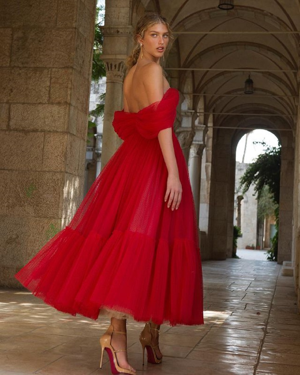 Charming Red Puffy Tulle Prom Dresses A Line Off shoulder Ankle Length Evening Gowns Sweetheart Open Back Prom Party Wear For women Gilrs