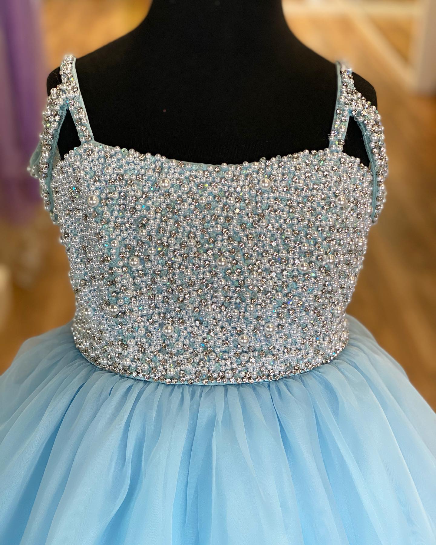 Light Sky-Blue Girl Pageant Dress 2026 Beading Pearls Bodice Organza Little Kids Birthday Straps Lavender Formal Party Wear Gowns Infant Toddler Teens