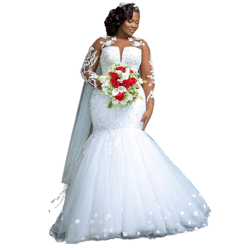 Gorgeous Nigeria South African Mermaid Wedding Dresses 3D Floral Appliques Lace Long Sleeve Pearls Beaded Bridal Formal Gowns Luxury Bride Dress Vesti