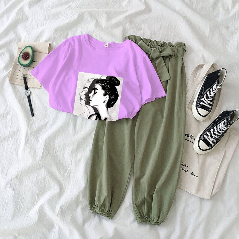 7 colors Printed girl Tshirt tops and pants two piece set women fashion outfits casual 2 Piece Suit Korean clothing summer T200603
