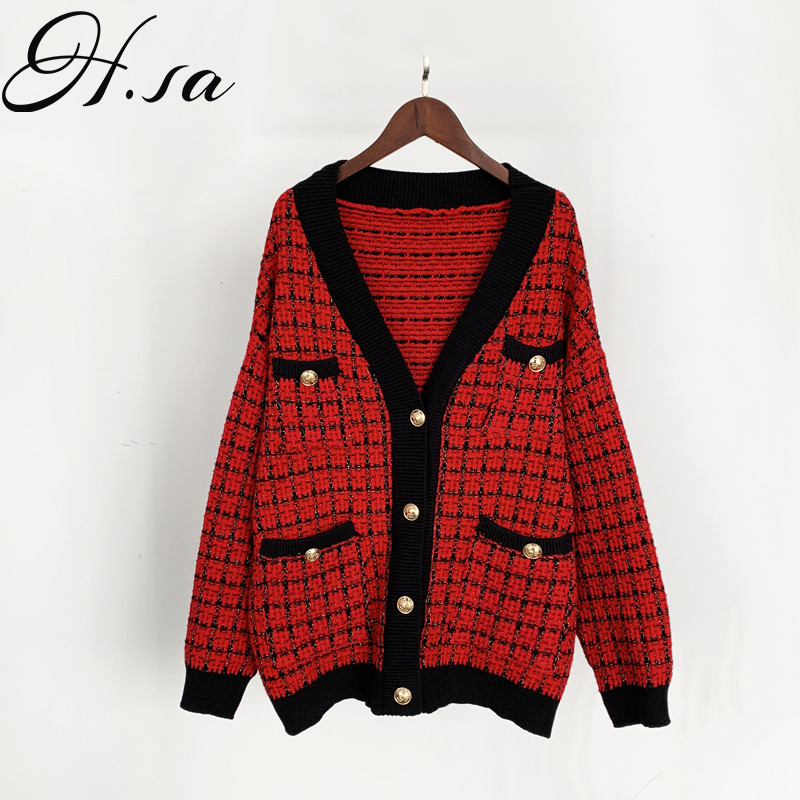 H.SA Women Sweater Jacket Oversized Knitted Cardigans Loose Plaid Jumpers Korean Clothing Robe Long Elegnat Female Coat 201119